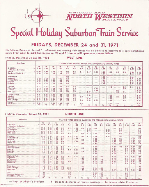Chicago and North Western Railway Special Holiday Suburban Train Service timetables (West & North lines) - December 24 & 31, 1971