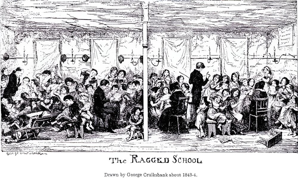 Cruikshank represents a ragged school at the Saffron Hill slum in London, which Charles Dickens visited on behalf of philanthropist Angela Burdett Coutts in 1843. This visit undoubtedly shaped his conception of Ignorance and Want — and the importance of elementary education as an antidote to poverty — in A Christmas Carol). (Philip V. Allingham)