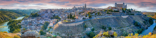 Travel Concepts. Picturesque Panoramic View of Medieval Center of Toledo City in Spain With Tejo River, Cathedral and AlcÃzar of Toledo.