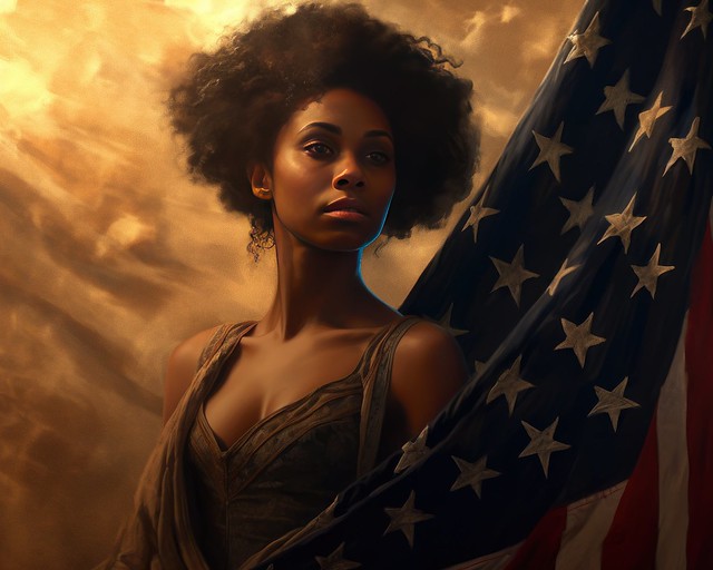Oil painting of African American embracing American flag