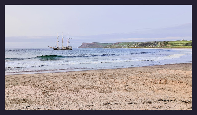 Thalassa schooner seen from the beach - Ballycastle - Northern Ireland