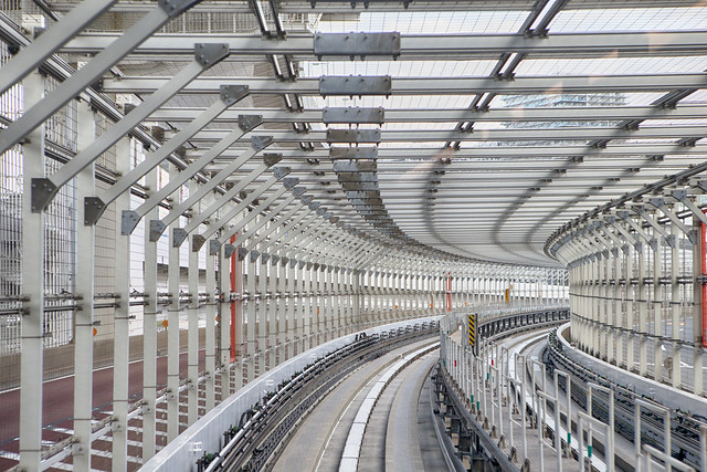 Travel Destinations Japan. Tunnel Traffic Transport Bridge View Taken From Monorail Odaiba Sky Train