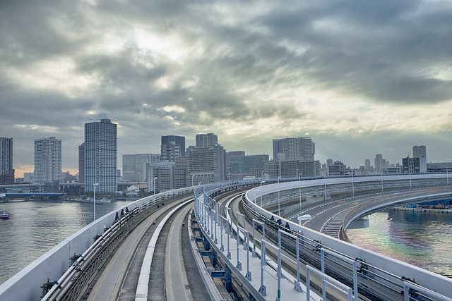 Travel Destinations Japan. Traffic Transport Bridge View Taken From Monorail Odaiba Sky Train in Tokyo.