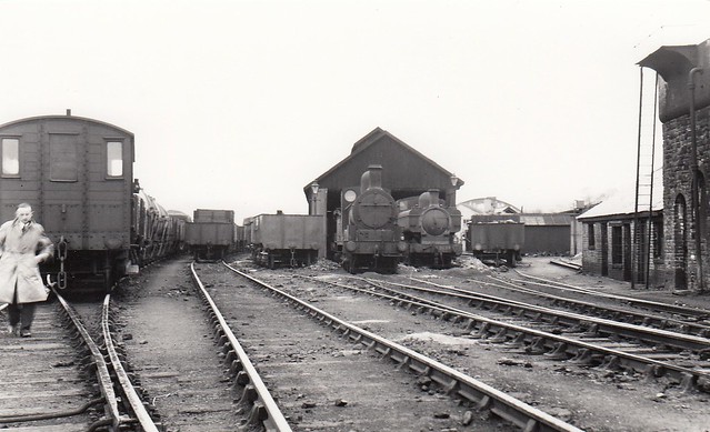 Engine shed at Brecon, with GWR 0-6-0PT 3638 alongside an unidentified 0-6-0, possibly ex-Cambrian Railways?