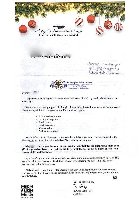 St. Joseph's Indian School Winter Campaign, Follow up, December 2023, Letter page 1