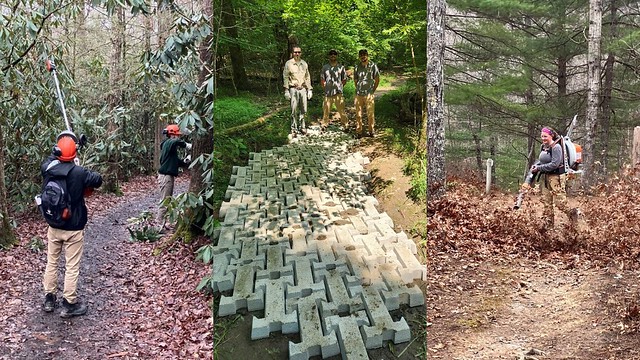 A collage of three photos. 1: Two people using tree trimming tools on a trail. 2: Three people stand behind their new concrete blocks laid out on a trail. 3: Person uses leaf blower on trail to clear the path.