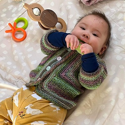My great niece has almost outgrown the Baby Surprise Jacket by Elizabeth Zimmerman that I knit using a ball of Schoppel Wolle Starke 6.