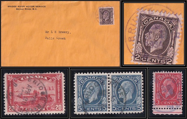 British Columbia / B.C. Postal History - 1 October 1934 - BRIDGE RIVER, B.C. (MOOD cancel / postmark) to Falls Creek, B.C. (other examples of the MOOD hammer from BRIDGE RIVER on stamps)