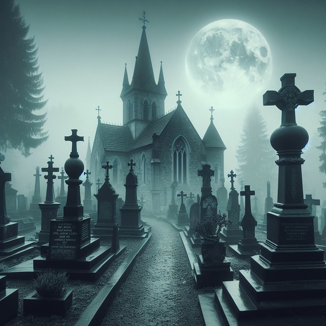 Foggy Cemetery on a moonlit night