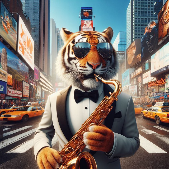AI Generated Image No. 11 - 'tiger wearing a tuxedo and sunglasses and playing a saxophone in times square'