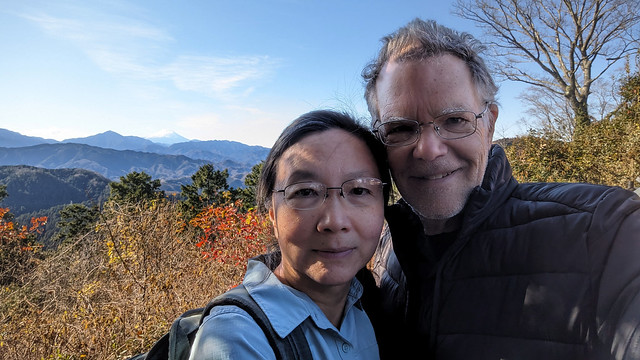 Our Selfies with a View of Mount Fuji from the Summit of Mt Takao - Ascending Takaosan (Mount Takao) - Tokyo, Japan