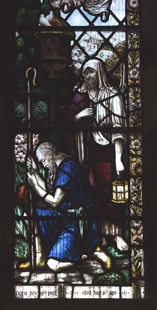 Halam, Notts., St. Michael's, stained glass window, nativity, detail