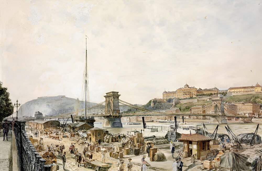 View of Budapest with Chain Bridge and the Royal Palace by Rudolf von Alt, 1880