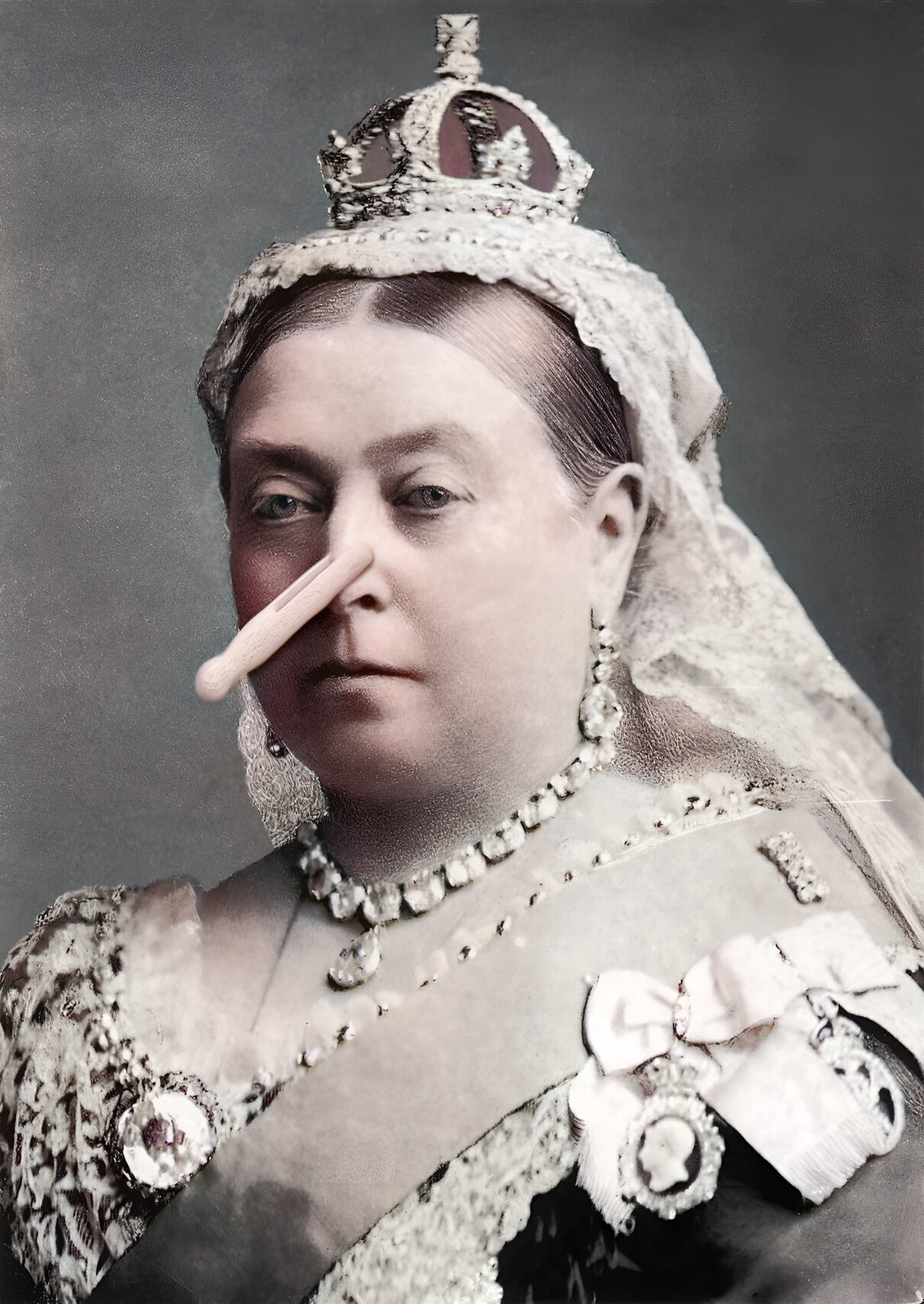 Queen Victoria with a clothes peg on her nose