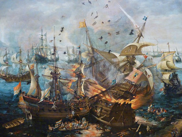 La explosión del buque insignia español durante la batalla de Gibraltar 1621 Cornelius Claesz van Wieringen. Museo Nacional de Ámsterdam (Rijksmuseum). Países Bajos 🇳🇱
