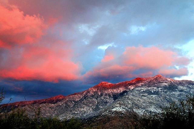 The setting sun is pinking clouds over the Santa Catalina Mountains in the east.