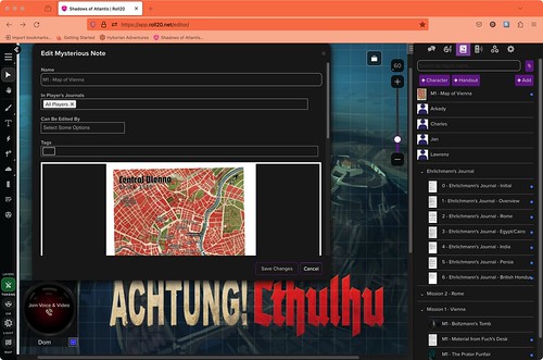 Screenshot of a Firefox browser window on macOS, with orange accents. There is window with a 'mysterious note' handout in preparation with a map of central Vienna in 1939, overlaid on a background image of Atlantis with the Achtung! Cthulhu logo showing. To the right is the journal for the game showing the files I've already uploaded.