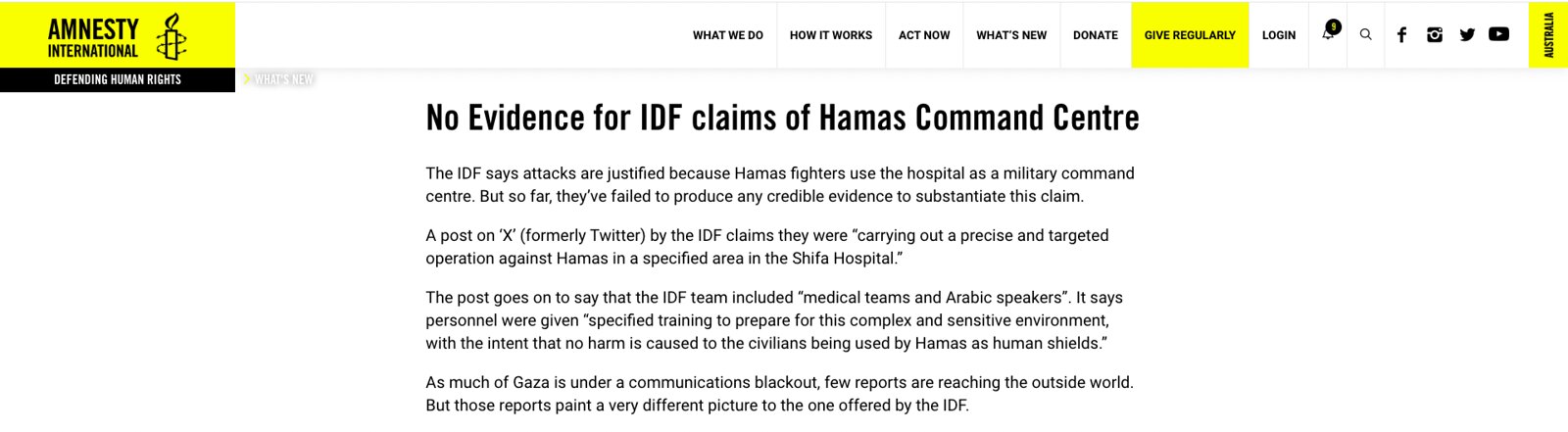 國際特赦組織澳洲分部表示：以色列缺乏證據支持希法醫院是「哈瑪斯指揮中心」的指控。（圖片來源：Amnesty International Australia）