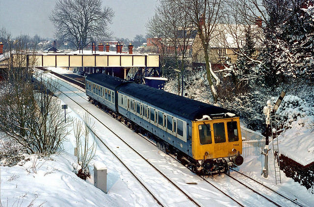 Tyseley DMU T044 in the Snow at Shirley in February 1991.