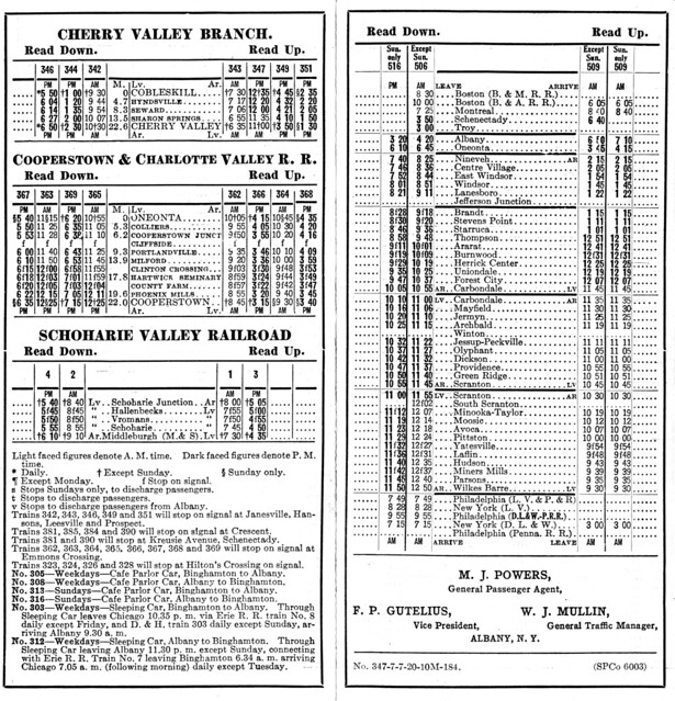 D&H Timetable Form 102, 1920