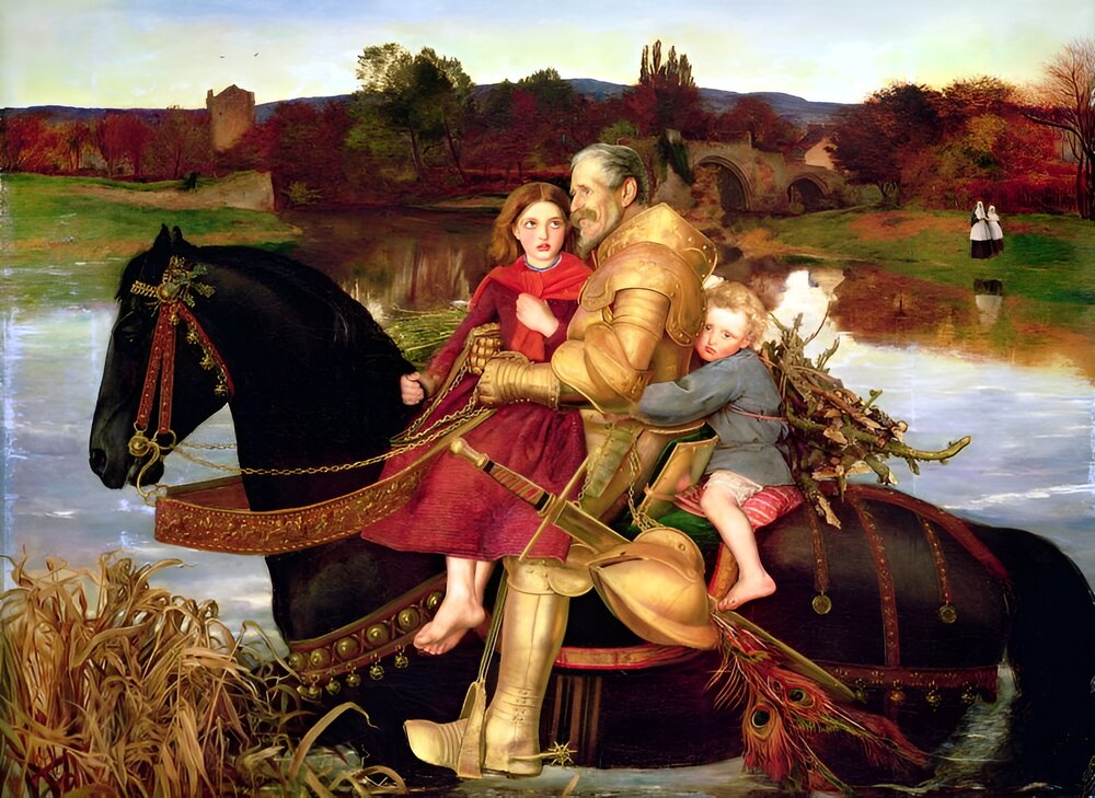 A Dream of the Past - Sir Isumbras at the Ford by John Everett Millais, 1857
