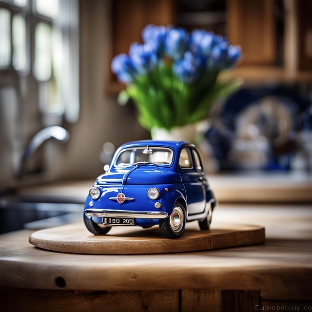 Fiat 500 miniature car on kitchen table, Rob Van Keulen