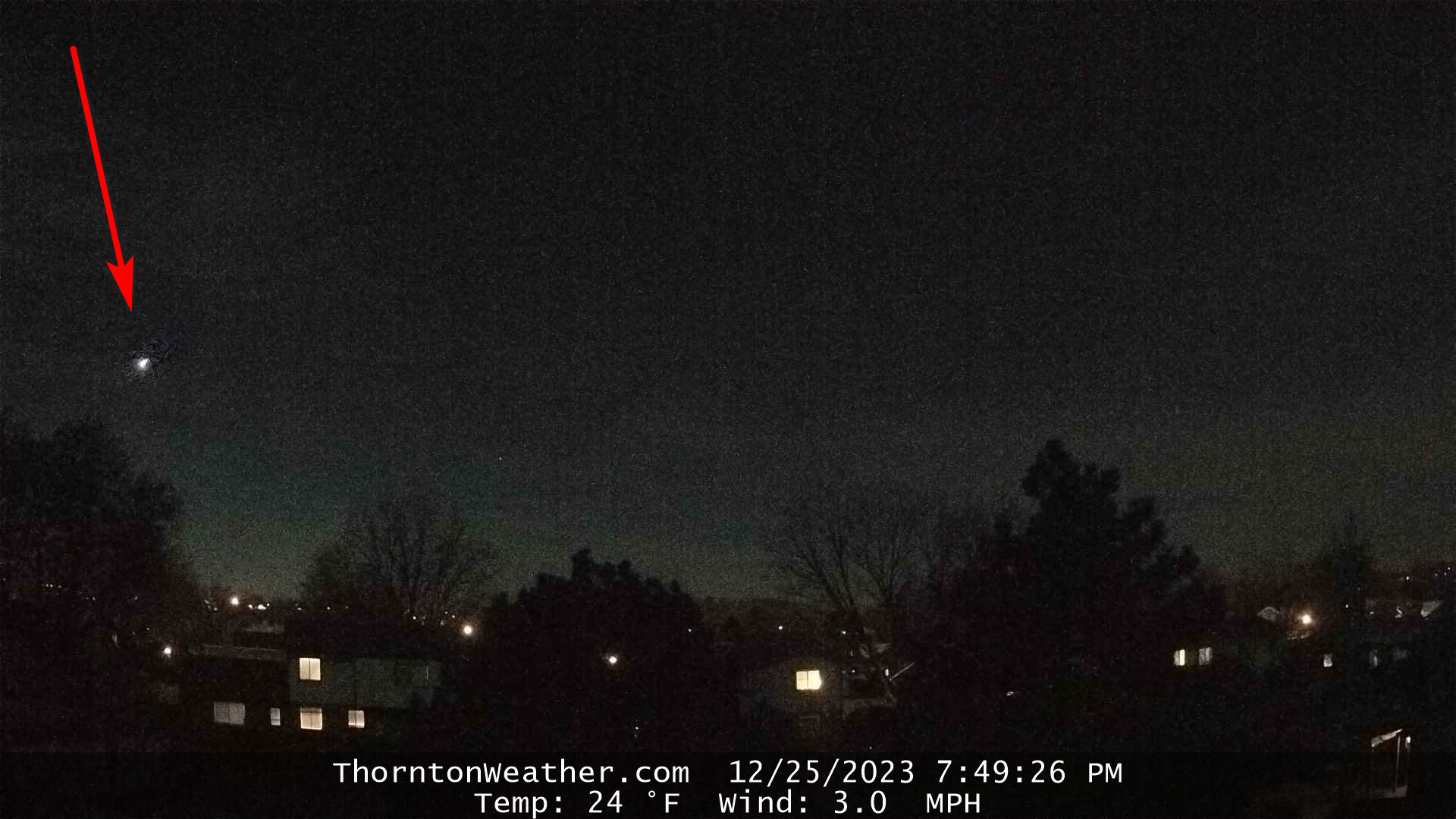 A still shot from a webcam captures a meteor as it enters the atmosphere. (ThorntonWeather.com)