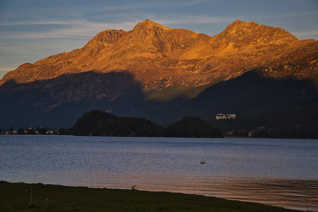 The Rosatsch group above the lake of Sils at sunset