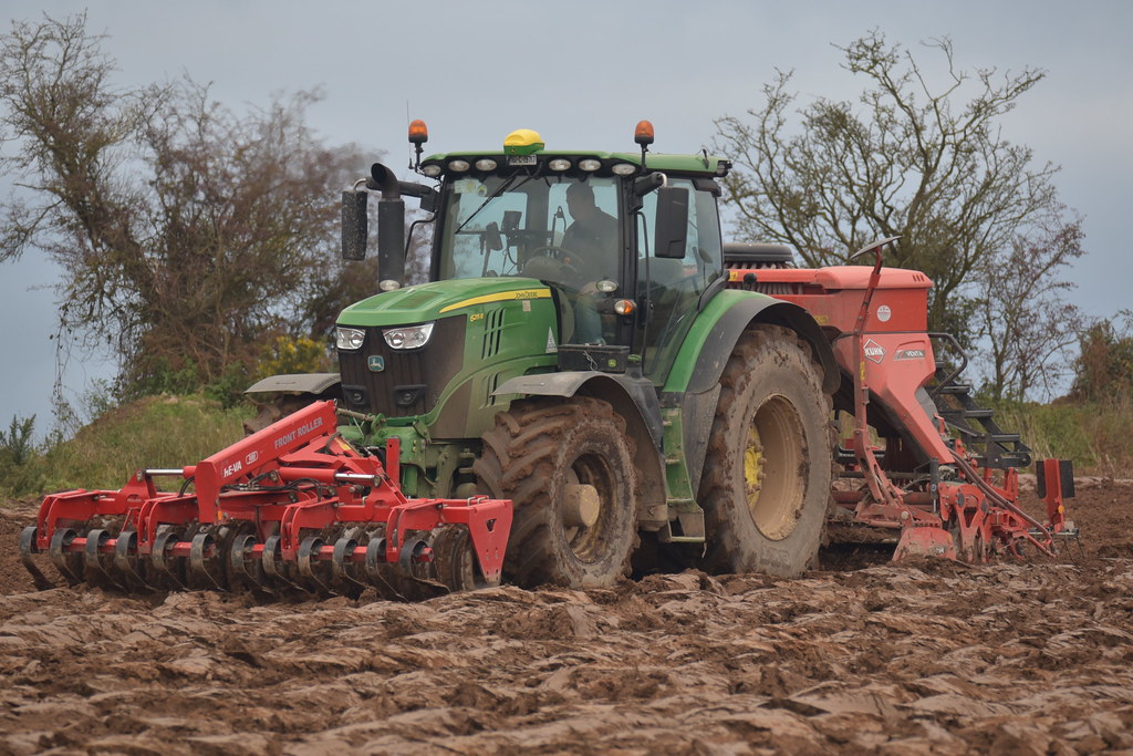 John Deere 6215R Tractor with a HEVA Frontroller 300 Front Press, Kuhn Venta 3030 Seed Drill & HR Power Harrow