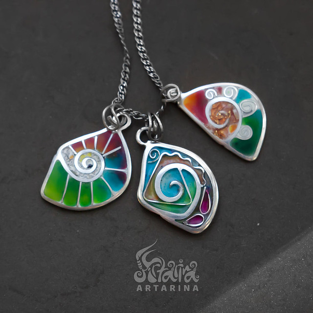 Small solid silver rainbow enamel pattern necklaces