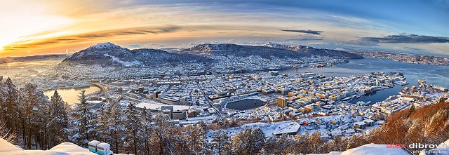 Amazing panoramic view of Bergen from Fløyen in winter at sunrise, Norway
