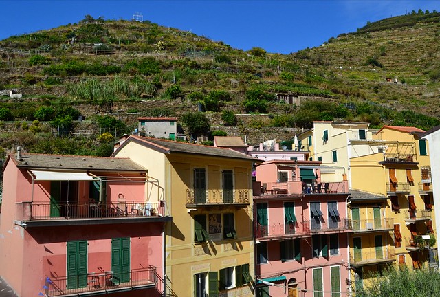 Sunny balconies in Manarola, Italy
