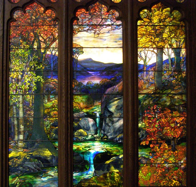 Attributed to Agnes Northtrop for Tiffany studios, Autumn Landscape, New York City, 1923-24, leaded favrile glass