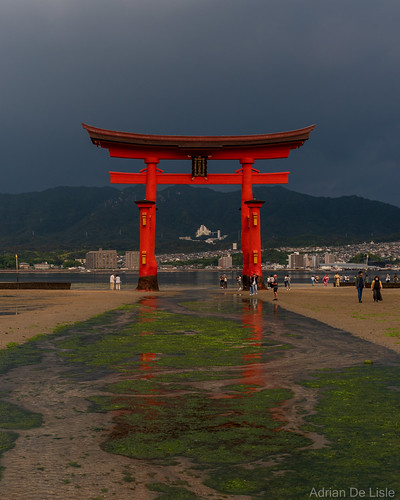 2023-10-05-0636-DSC_0060 by Adrian De Lisle, cloudy dawn itsukushima itsukushimashrine lowtide rain shrine sunrise toriigate