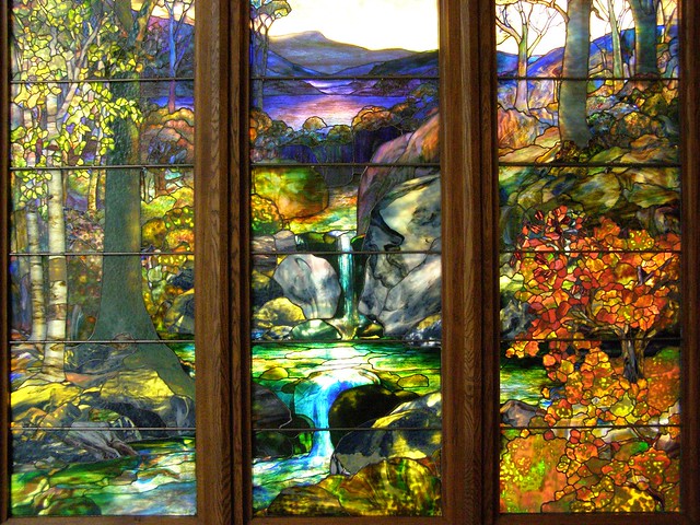 Attributed to Agnes Northtrop for Tiffany studios, Autumn Landscape, New York City, 1923-24, leaded favrile glass
