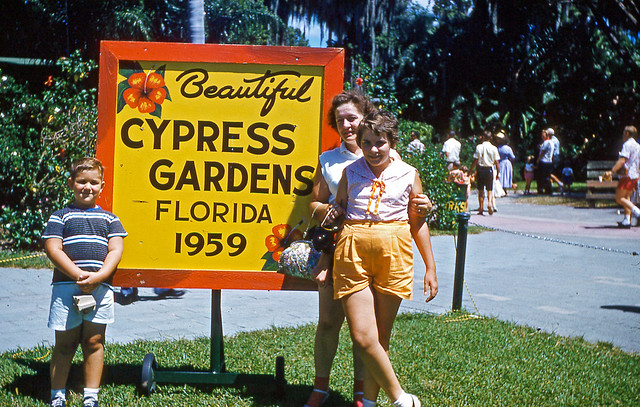Slide of Mom & Kids Pose at Cypress Gardens Sign, 1959