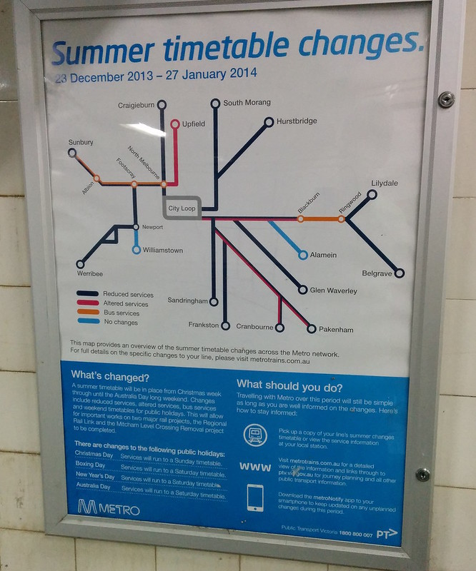 Poster for altered summer holiday train timetables (December 2013)