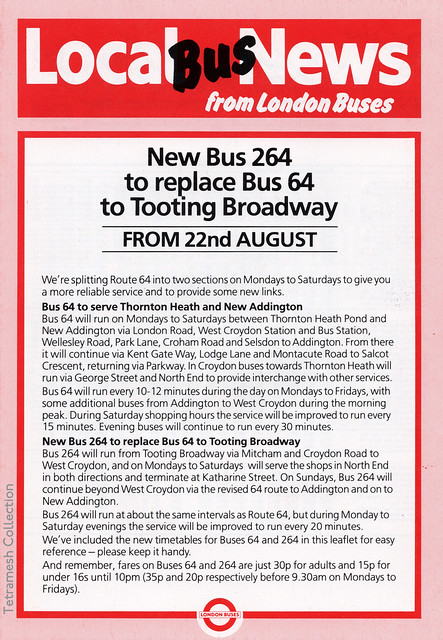 New Bus 264 to replace Bus 64 to Tooting Broadway