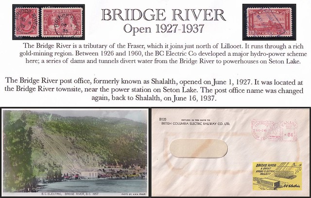 British Columbia / B.C. Postal History - 1927 to 1937 - BRIDGE RIVER, B.C. (split ring & MOTO cancels / postmarks) - A Great Hydro Electric Project / B.C. Electric