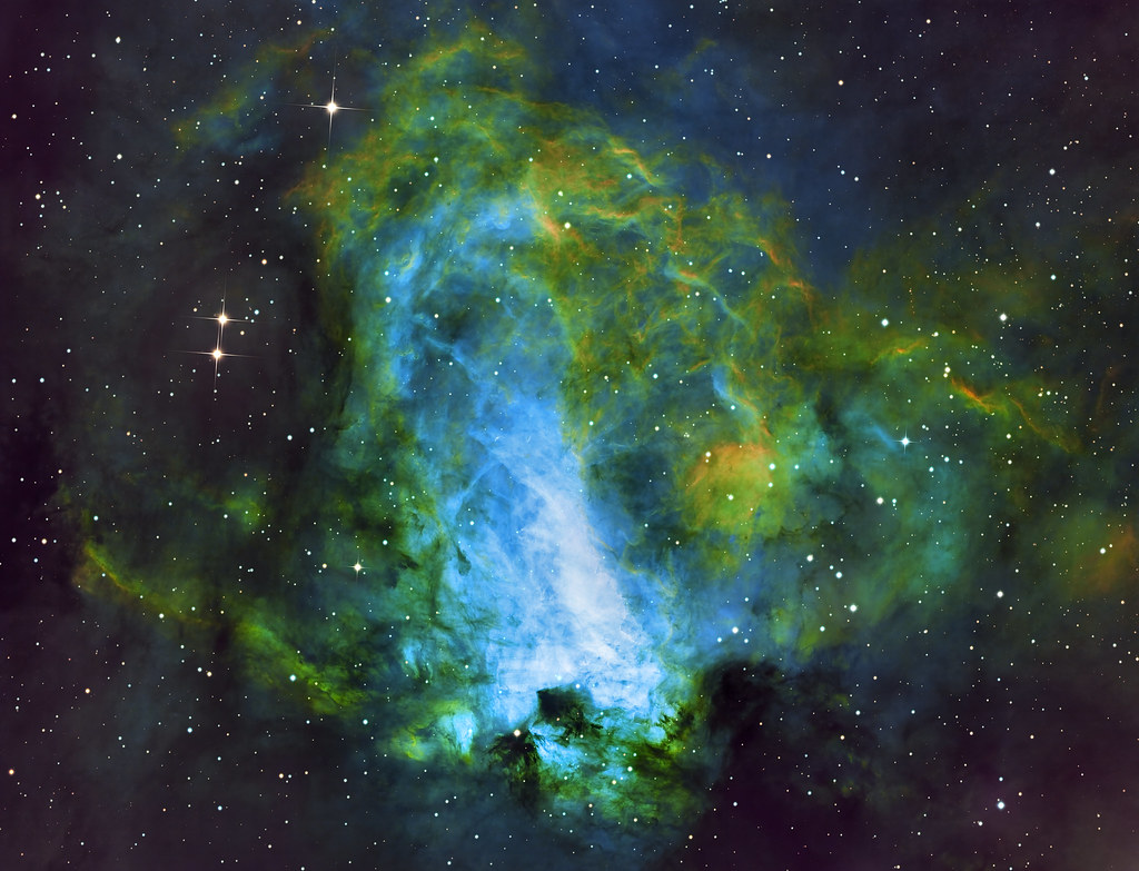 M17 - Omega Nebula (NGC 6618) in narrowband (SHO) with RGB stars and luminance