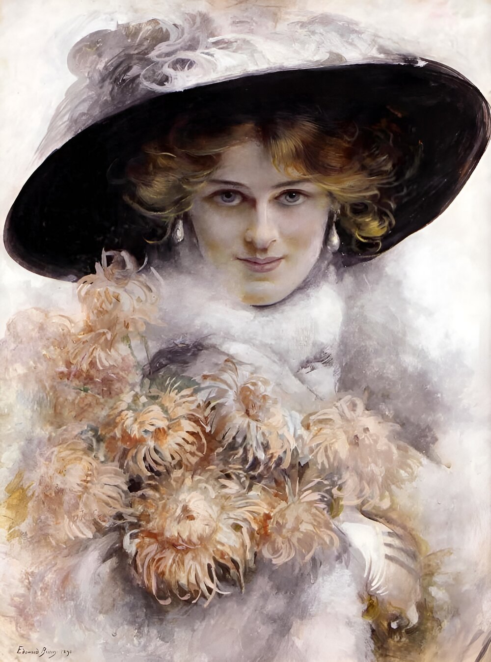 A Portrait of a Lady in a Black Hat with a Bouquet of Flowers in her Arms by Edouard Bisson, 1895