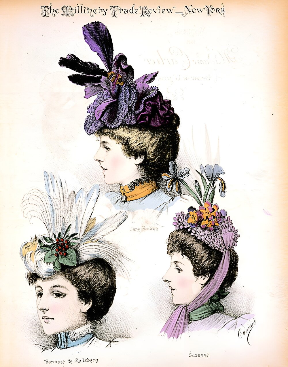 Fashion plate showing three bust portraits of Jane Harding, Baronne de Carlsberg, and Suzanne, actresses at the Gymnase theater, Paris, wearing hats designed by Madame Carlier