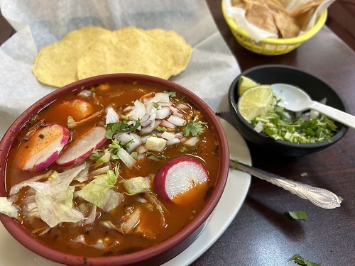 pozole el mariachi by Just Back, Sunset Blvd, West Columbia SCpozole spoon radish meat beef soup stew onion cilantro spicy bowl caldo