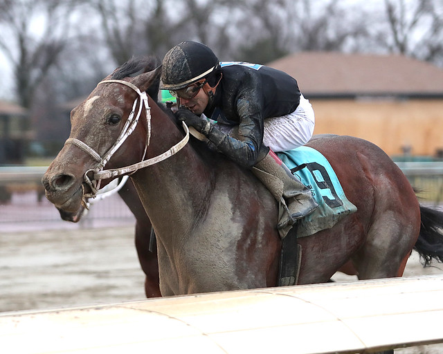 Uncle Heavy #9 ridden by Mychel Sanchez wins the $200,000 Wait For It Stakes on December 27, 2023 at Parx Racing in Bensalem, PA. The two-year-old son of Social Inclusion is trained by Robert Reid, Jr., for Milam Racing Stables. Photo by Nikki Sherman/EQUI-PHOTO.