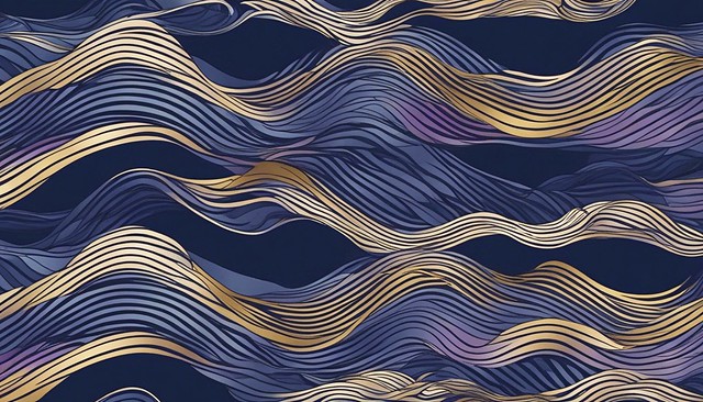 Ephemeral Symmetry: Waves in Non-Euclidean Geometry, Line Art with Watercolor in Navy Blue, Dark Purple, and Bright Gold