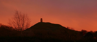 Glastonbury Tor and the tower of St Michael's Church, sunset