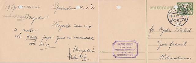 Briefkaart - Baltus Meijer, bestelling 4-delig peper- zout en mosterdstel bij gebr. Niekerk, zilverfabriek Schoonhoven (poststempel 04-04-1941)