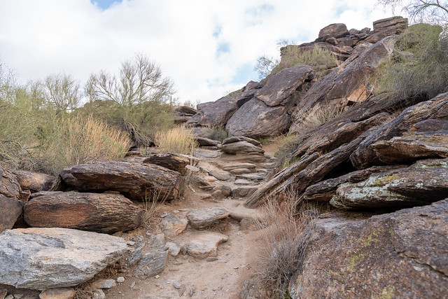 Big rocky boulders along the Mormon Trail at South Mountain Park Preserve in Phoenix Arizona