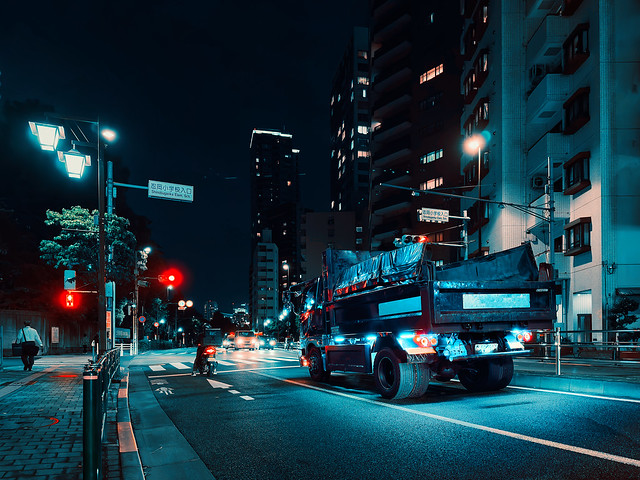 Nighttime Truck Passing in Ikenohata, Tokyo