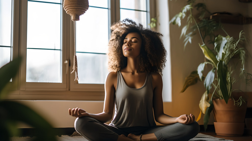 Image of young woman practising meditation / mindfulness at home inside.